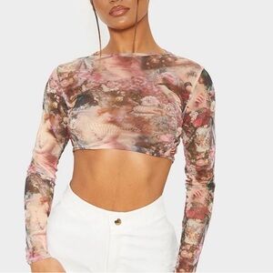 Pretty Little Thing Rose Renaissance Printed Mesh Long Sleeve Crop Top Size 4